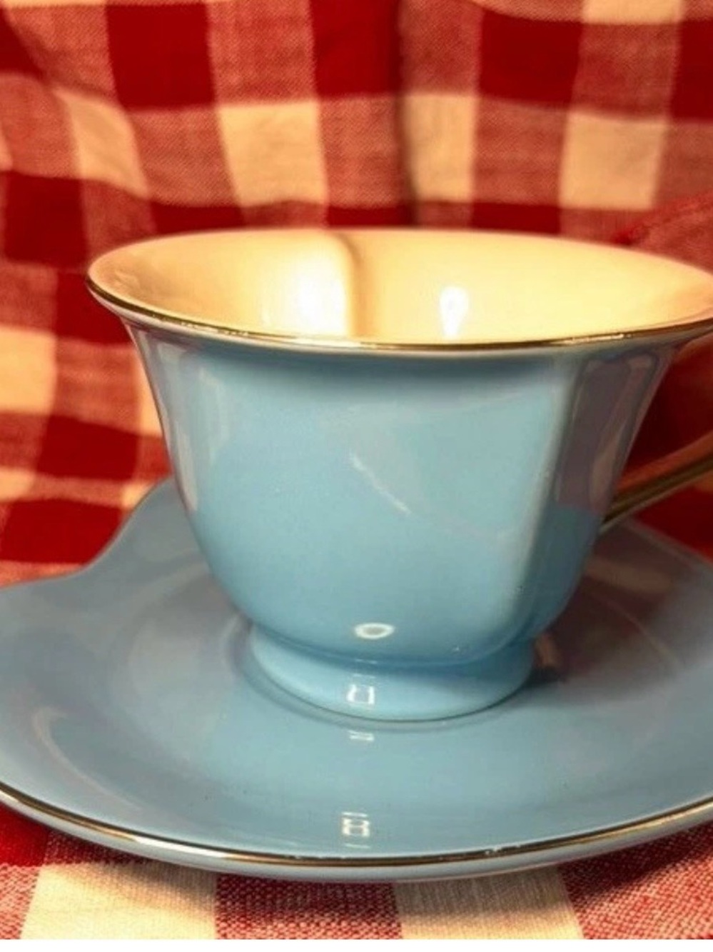 Sky Blue Porcelain Teacup and Saucer with Silver Trim